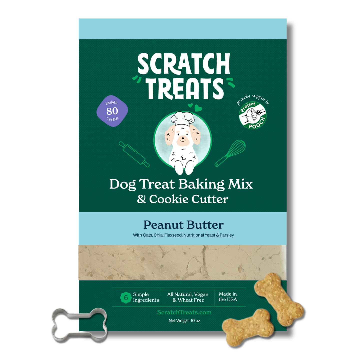 Scratch Treats Peanut Butter Dog Treat Baking Kit box with cookie cutter