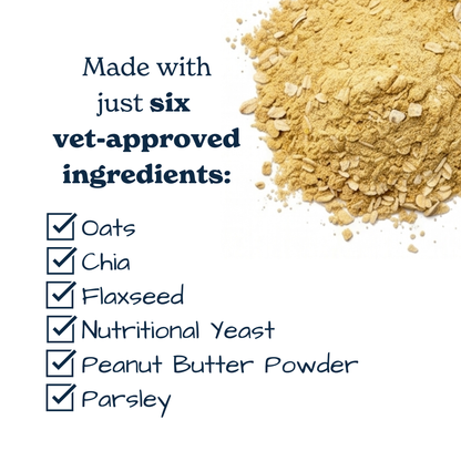 Ingredient graphic for Scratch Treats Peanut Butter Dog Treat Baking Kit: oats, chia, flaxseed, and parsley