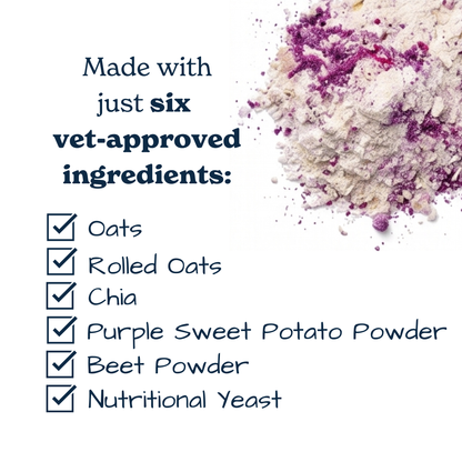 Ingredient graphic for Scratch Treats Purple Pup Dog Treat Baking Kit: oat flour, oats, chia, purple sweet potato powder, and beet powder
