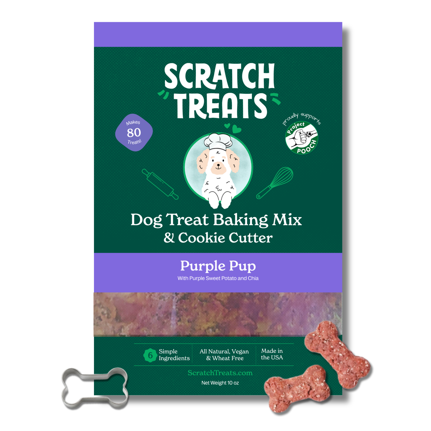 Scratch Treats Purple Pup Dog Treat Baking Kit box with cookie cutter