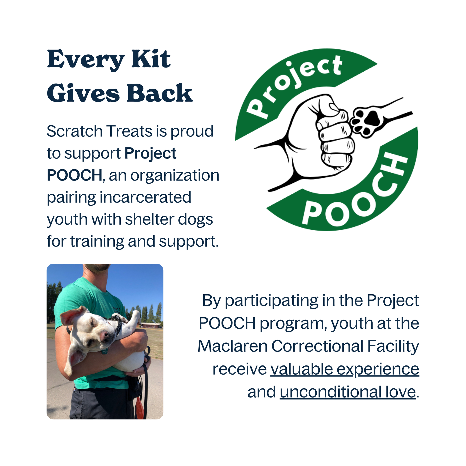 Graphic describing Scratch Treats' partnership with Project POOCH, supporting shelter dogs and at-risk youth