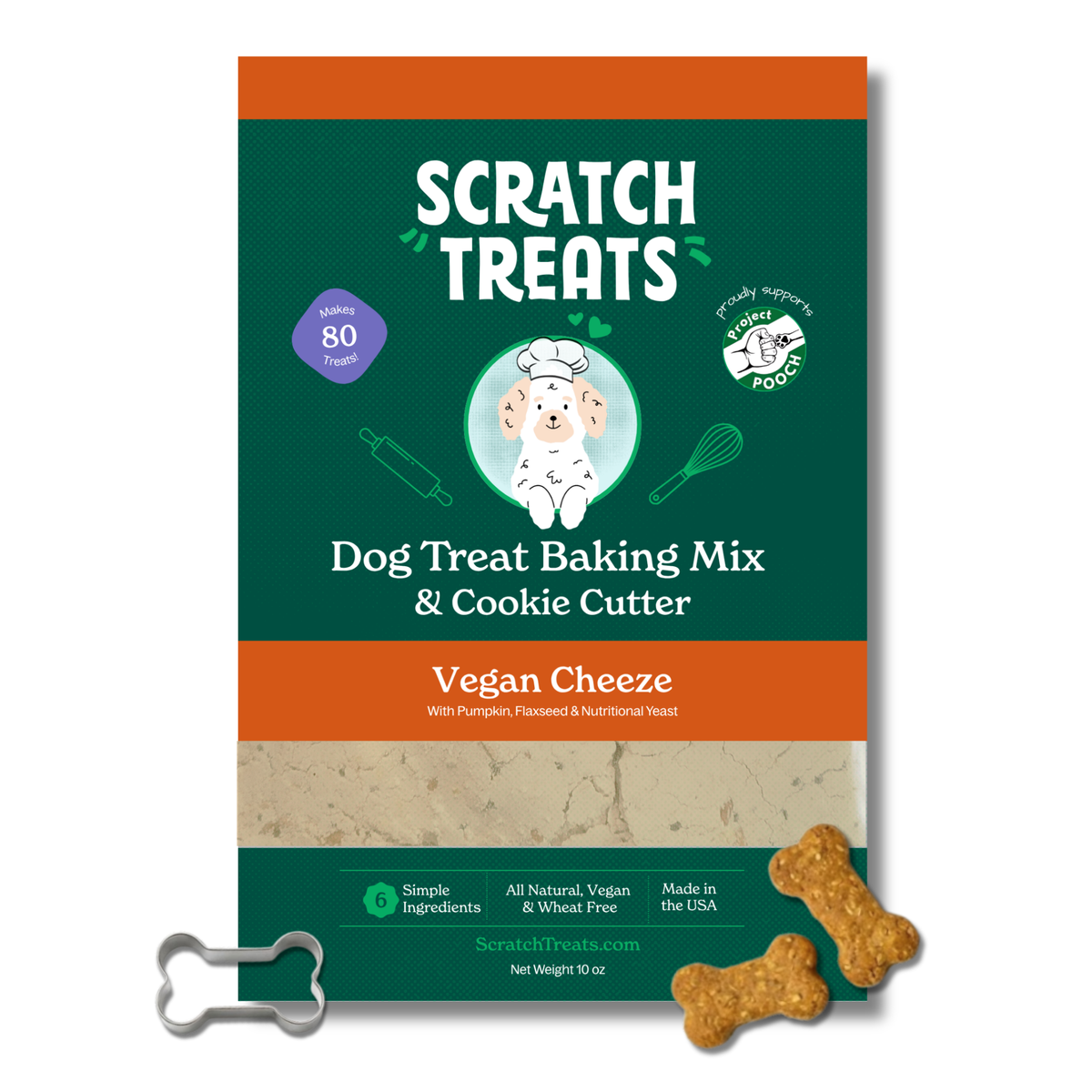 Scratch Treats Vegan Cheeze Dog Treat Baking Kit box with cookie cutter