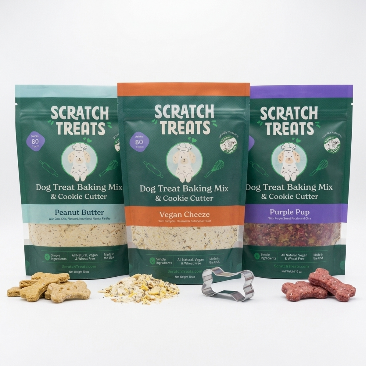 Scratch Treats 3-Pack: Peanut Butter, Purple Pup and Vegan Cheeze dog treat baking kits and cookie cutters